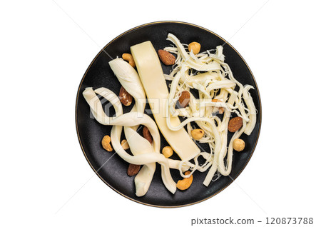 Assortiment of Traditional Caucasian Chechil white cheese isolated on white background. Assortiment of Traditional Caucasian Chechil white cheese isolated on white background. 120873788