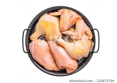 Raw chicken pieces in a black tray, ready for cooking,isolated on white background 120873794