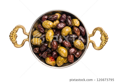 Mix olives with herbs and oil in skillet isolated on white background. Mix olives with herbs and oil in skillet isolated on white background. 120873795