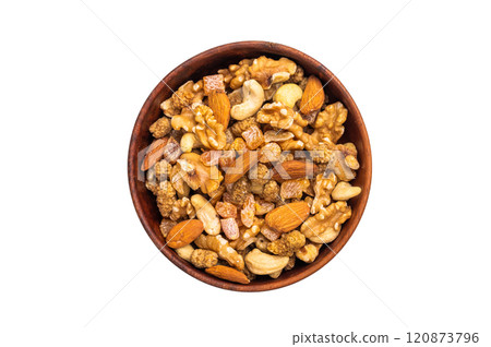 Assorted nuts, dry fruits, mix nuts, almond, cashew, pistachio, Hazelnut isolated on white background Assorted nuts, dry fruits, mix nuts, almond, cashew, pistachio, Hazelnut isolated on white background 120873796