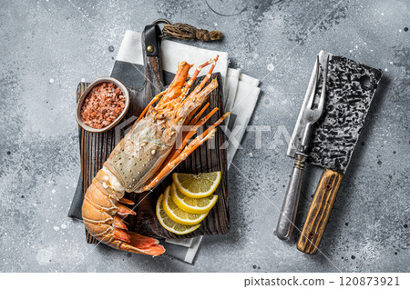Cooked Spiny lobster or sea crayfish on a wooden board. Gray background. Top view Cooked Spiny lobster or sea crayfish on a wooden board. Gray background. Top view 120873921