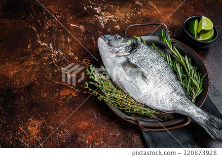Uncooked Raw sea bream or dorado fish with herbs. Dark background. Top view. Copy space Uncooked Raw sea bream or dorado fish with herbs. Dark background. Top view. Copy space 120873928