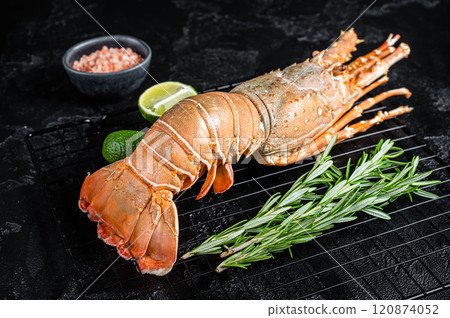 Boiled Spiny lobster or sea crayfish ready for eat. Black background. Top view Boiled Spiny lobster or sea crayfish ready for eat. Black background. Top view 120874052
