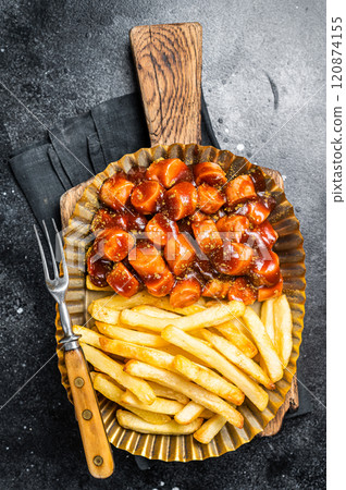 German currywurst with french fry served in a steel plate. Black background. Top view 120874155