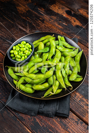 Japanese Raw Edamame Beans, fresh soy beans ready for cooking. Wooden background. Top view Japanese Raw Edamame Beans, fresh soy beans ready for cooking. Wooden background. Top view 120874206