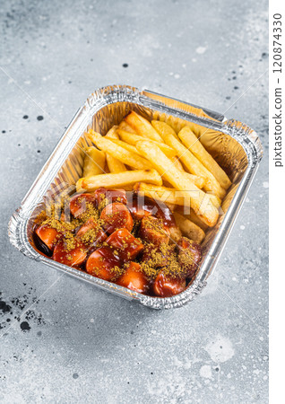 Traditional German currywurst with french fry served take away. Gray background. Top view Traditional German currywurst with french fry served take away. Gray background. Top view 120874330