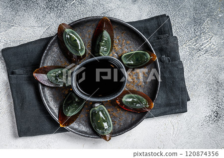 Preserved duck eggs or Century egg, Chinese cuisine. White background. Top view 120874356