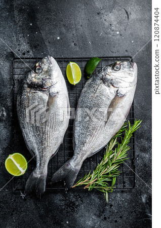 Raw sea bream dorado fish ready for cooking. Black background. Top view 120874404