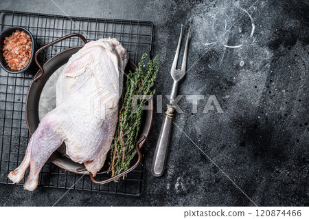 Raw Guineafowl, guinea fowl with herbs in steel tray. Black background. Top view. Copy space 120874466