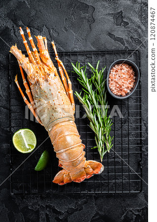 Boiled Spiny lobster or sea crayfish ready for eat. Black background. Top view Boiled Spiny lobster or sea crayfish ready for eat. Black background. Top view 120874467