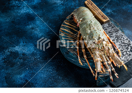Spiny lobster on a wooden cutting board, raw seafood. Blue background. Top view. Copy space 120874524