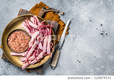 Fresh Raw Duck Tongue ready for cooking. Gray background. Top view. Copy space Fresh Raw Duck Tongue ready for cooking. Gray background. Top view. Copy space 120874531