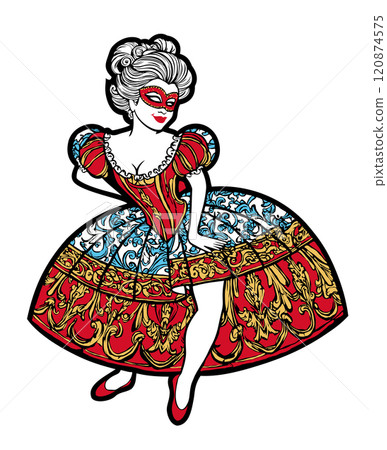 Columbine. Female character of italian commedia dell arte. Woman in carnival costume and mask. Vector isolated illustration 120874575