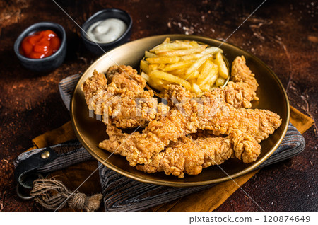 Dip fried Chicken breast strips with French Fries and sauces. Dark background. Top view 120874649
