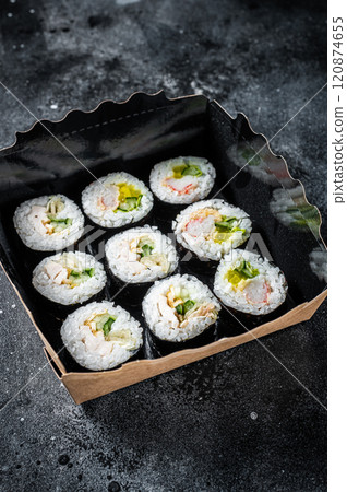 Kimbap or gimbap korean rice roll, Korean sushi. Black background. Top view 120874655