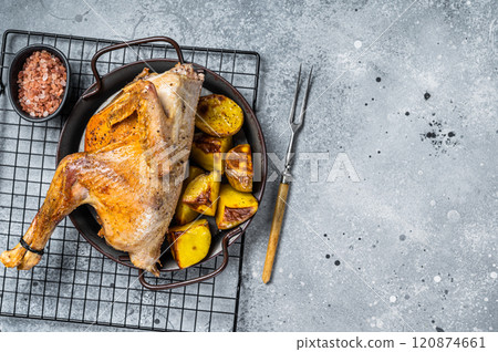 Baked Guineafowl, guinea fowl with potato in steel tray. Gray background. Top view. Copy space Baked Guineafowl, guinea fowl with potato in steel tray. Gray background. Top view. Copy space 120874661