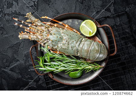 Cooking Spiny lobster or sea crayfish with herbs and spices. Black background. Top view Cooking Spiny lobster or sea crayfish with herbs and spices. Black background. Top view 120874662