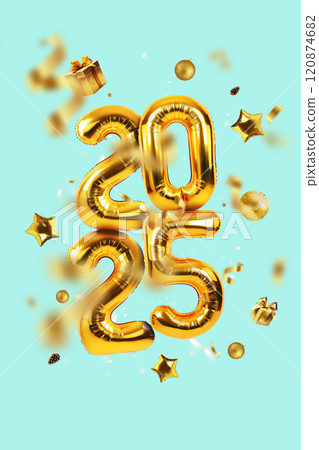 Premium golden balloons 2025 with confetti, gifts, pine cones and stars on a blue background. New Year vertical card Premium golden balloons 2025 with confetti, gifts, pine cones and stars on a blue background. New Year vertical card 120874682