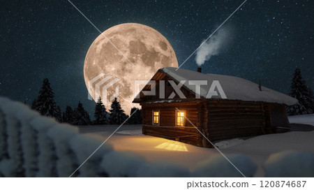 Old wooden house in snowy forest at night with full moon. Magic Christmas Eve and New Year card, concept 120874687