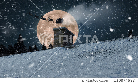 House roof with chimney and flying Santa Claus with reindeer with gifts on the background of full moon at night. Christmas Eve. New Year. Magical Christmas Cards 120874688