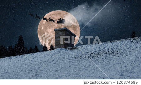 Roof of house with snow with chimney and smoke on Christmas Eve with full moon at night. House with a chimney on a winter night. Santa Claus with gifts and reindeer flies. Waiting for a miracle Roof of house with snow with chimney and smoke on Christmas Eve with full moon at night. House with a chimney on a winter night. Santa Claus with gifts and reindeer flies. Waiting for a miracle 120874689