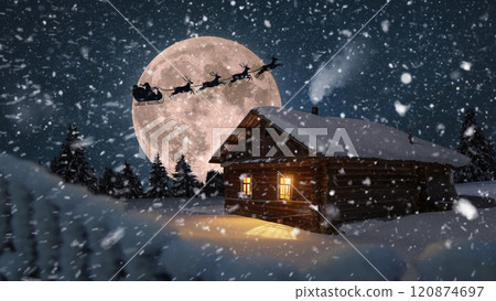 Old wooden house in snowy forest at night with full moon and falling snow. Santa Claus with gifts and reindeer flying in the sky. Christmas Eve and New Year, creative idea. 120874697