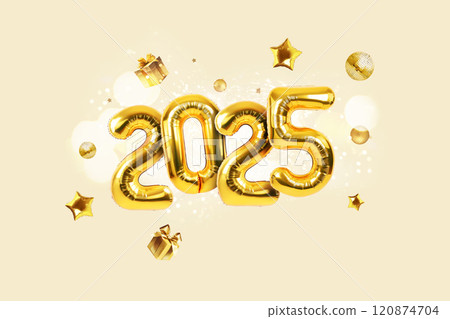 Golden balloons 2025 with gold mirrored balloon party, stars, gifts and sparks on a light beige background. Happy New Year 2025 creative. Golden balloons 2025 with gold mirrored balloon party, stars, gifts and sparks on a light beige background. Happy New Year 2025 creative. 120874704