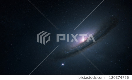 Amazing Space galaxy, blue starry background. View from space to a spiral galaxy and stars. Universe filled with stars, nebula and galaxy 120874756