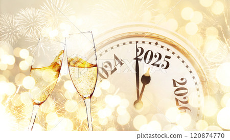 Vintage gold clock strikes New Year 2025 with glasses of champagne on a beige background with bokeh lights. New Year 2025 and Christmas card, creative idea. Start of the party and celebration holiday Vintage gold clock strikes New Year 2025 with glasses of champagne on a beige background with bokeh lights. New Year 2025 and Christmas card, creative idea. Start of the party and celebration holiday 120874770