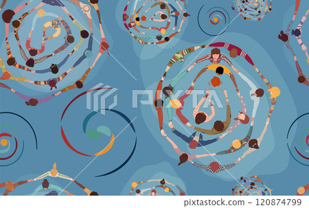 Backdrop seamless pattern with group of diverse people in a circle from different cultures holding hands. Top view. Racial equality. Community men and women of friends or volunteers. Team 120874799