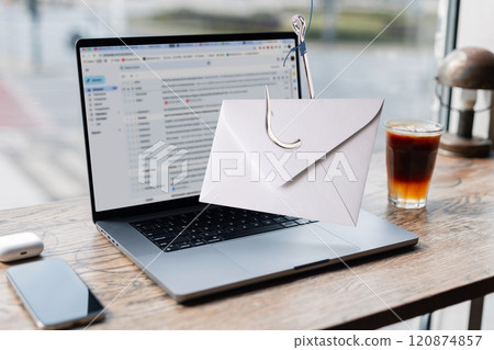 Notification message spam on hook, virus concept. Mail came to laptop from display. Phishing, creative idea. Personal data theft. Mailing and marketing. Phishing and hacker attack via email. Notification message spam on hook, virus concept. Mail came to laptop from display. Phishing, creative idea. Personal data theft. Mailing and marketing. Phishing and hacker attack via email. 120874857