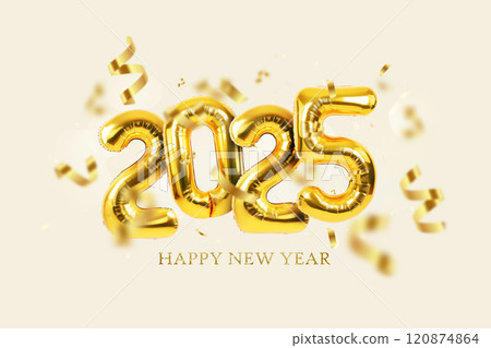 Happy New Year 2025 helium balloons with confetti on a beige background. New Year and Christmas 2025, creative idea. Golden Text Texture Happy New Year 120874864