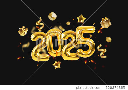 2025 New Year golden balloons with confetti, gifts and mirror party ball flying on a black background. Luxury Happy New Year 2025 card. 2025 New Year golden balloons with confetti, gifts and mirror party ball flying on a black background. Luxury Happy New Year 2025 card. 120874865