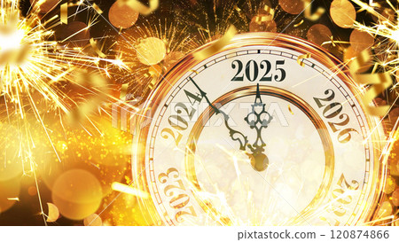 Vintage gold clock New Year 2025 with confetti, golden bokeh lights and fireworks, sparks. New Year 2025 card, creative idea. Vintage gold clock New Year 2025 with confetti, golden bokeh lights and fireworks, sparks. New Year 2025 card, creative idea. 120874866