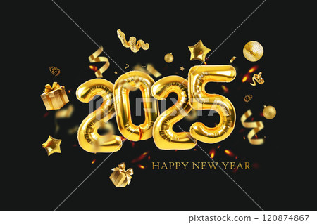 Gold balloons 2025 with confetti, gold mirrored balloon party, stars, gifts and golden snake on a black green background. Happy New Year 2025 creative. Golden Snake 120874867