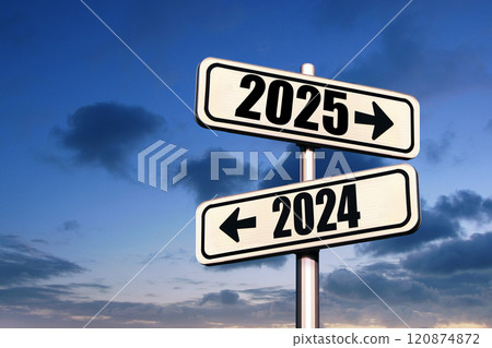 Road signs indicate the path to the new year 2024 and the old year 2023 on a blue sky, creative idea. Choose a new road, concept. Change for the better 120874872