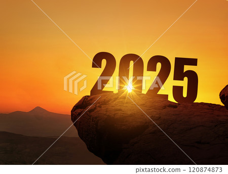 New Year 2025 at sunset. Silhouette 2025 stands on a mountain with sun rays at sunrise, creative idea. Year 2025, concept 120874873