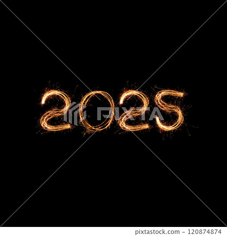 New Year 2025 light. Sparklers draw figures 2025. Bengal lights and letter. Holidays. Luxury 120874874