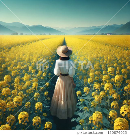 Woman's back view standing in a flower field Woman's back view standing in a flower field 120874923