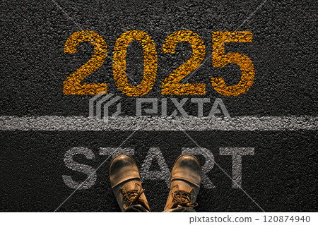 Man walks on asphalt and crosses the line by 2025. New year 2025, creative. Men's legs with leather shoes go to 2025. Start and beginning of 2025, concept Man walks on asphalt and crosses the line by 2025. New year 2025, creative. Men's legs with leather shoes go to 2025. Start and beginning of 2025, concept 120874940