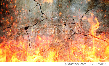 Flame of fire with sparks near grey d concrete damaged cracked wall. Explosion and fire background, concept. 120875033