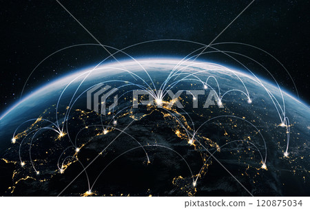 Night planet earth from space with light lines of communication and connection. Business and finance, concept. Global communications system and the World Wide Web. Technologies and communications. Night planet earth from space with light lines of communication and connection. Business and finance, concept. Global communications system and the World Wide Web. Technologies and communications. 120875034