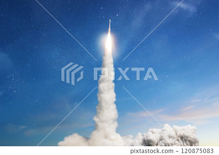 Space rocket lift off with starts a space mission in the blue sky. Spaceship with blast and smoke launch into space. Fly to the moon 120875083