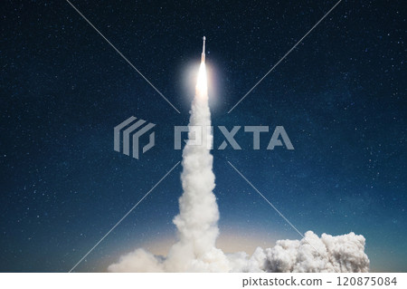 Spaceship takes off into the starry sky. Rocket starts into space. Concept. Launch successful. Taking off to the mars 120875084