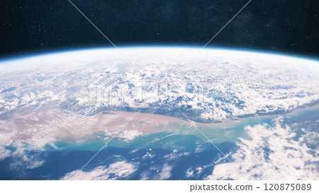 Beautiful blue planet earth with ocean, clouds and continents in open space on the starry sky. 120875089