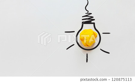 Yellow crumpled paper light bulb drawn on a white background. Brainstorm and creative idea, concept. Project and startup. Every thing begins with Idea Yellow crumpled paper light bulb drawn on a white background. Brainstorm and creative idea, concept. Project and startup. Every thing begins with Idea 120875113