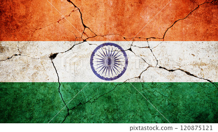 India flag on cracked damage concrete wall, concept. Economy and crisis, creativity. Freedom and patriotism 120875121