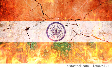 Indian flag on fire with flames and sparks on cracked concrete wall. Revolution in India, concept. Freedom and patriotism. Economic crisis, creative. Indian flag on fire with flames and sparks on cracked concrete wall. Revolution in India, concept. Freedom and patriotism. Economic crisis, creative. 120875122