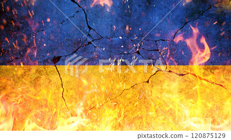 Ukraine flag on fire with flames and sparks on cracked concrete wall. Revolution, concept. Freedom and patriotism. Economic crisis, creative. Ukraine flag on fire with flames and sparks on cracked concrete wall. Revolution, concept. Freedom and patriotism. Economic crisis, creative. 120875129