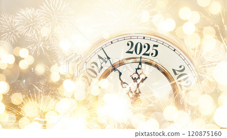 Vintage gold clock points to 2025 New Year on a golden bokeh background with sparks and fireworks, concept. New Year and Christmas card, creative idea. Celebration and party Vintage gold clock points to 2025 New Year on a golden bokeh background with sparks and fireworks, concept. New Year and Christmas card, creative idea. Celebration and party 120875160